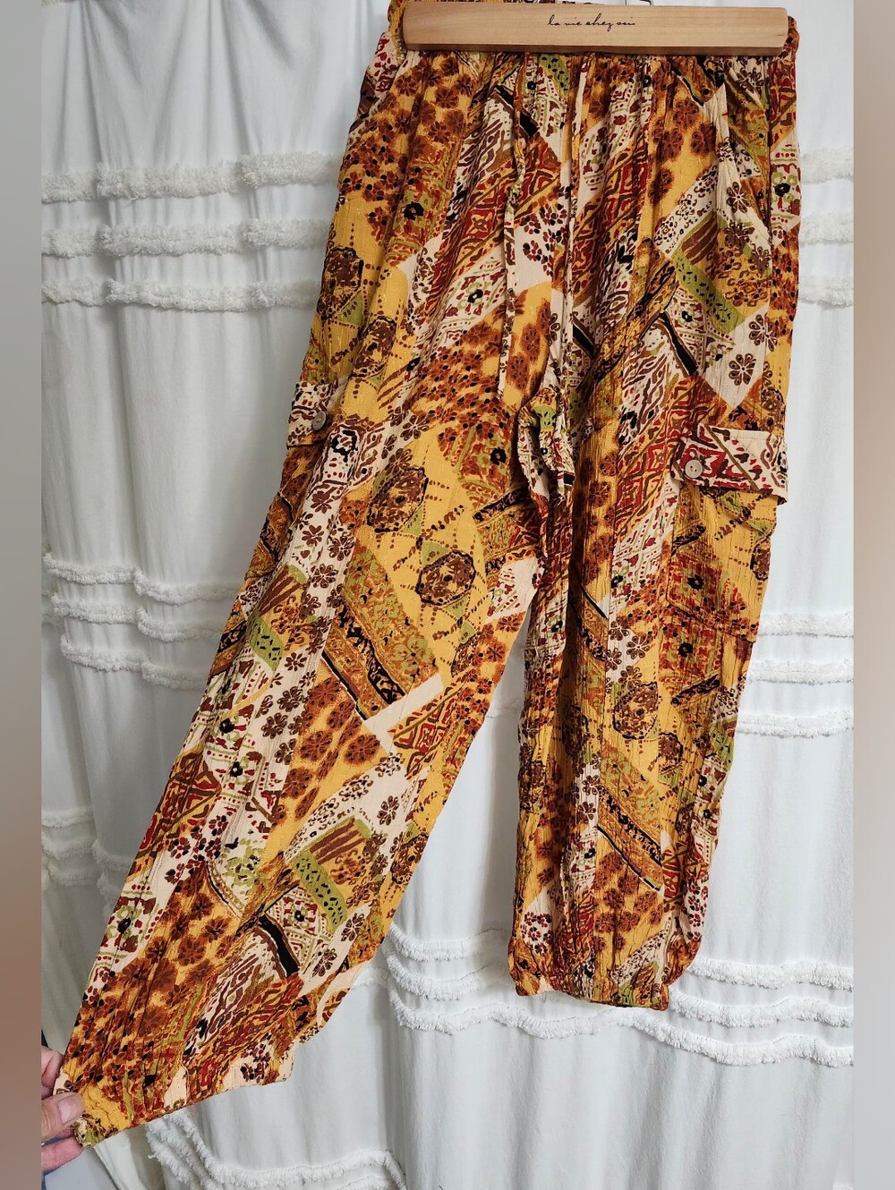 Christian Siriano Mustard Patchwork-Print Boho Pants
